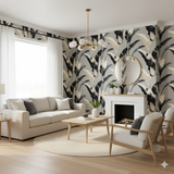 Midnight Grove Wallpaper with black and beige leaf pattern, decorating a living room with furniture.