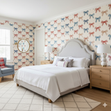 Penny Harbor wallpaper, with bow pattern, with bow pattern, styled in a bedroom.