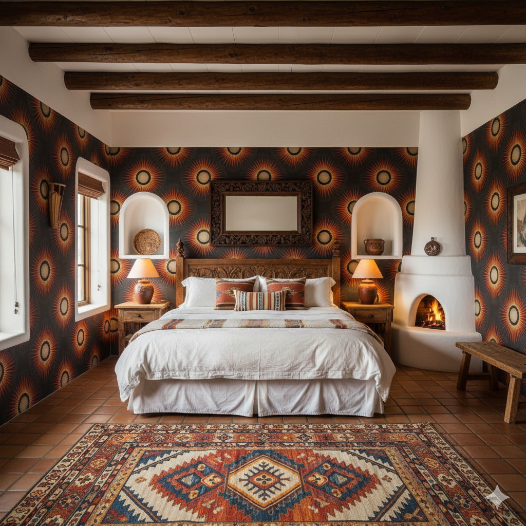 Patterned Solaris Crown wallpaper with sunburst design, illuminating the bedroom walls.