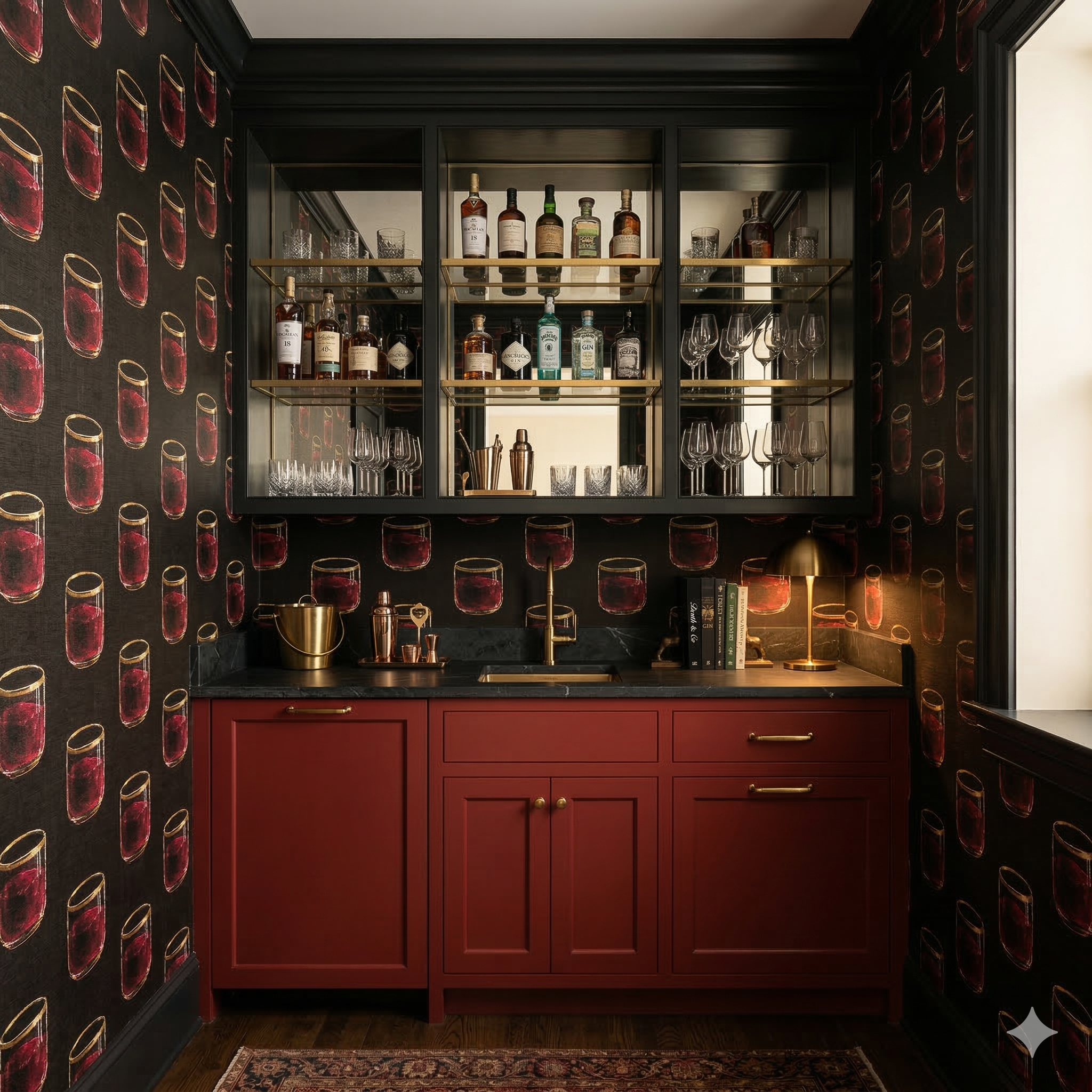 Patterned wallpaper with a dark background and red glass motif, completing a bar area.
