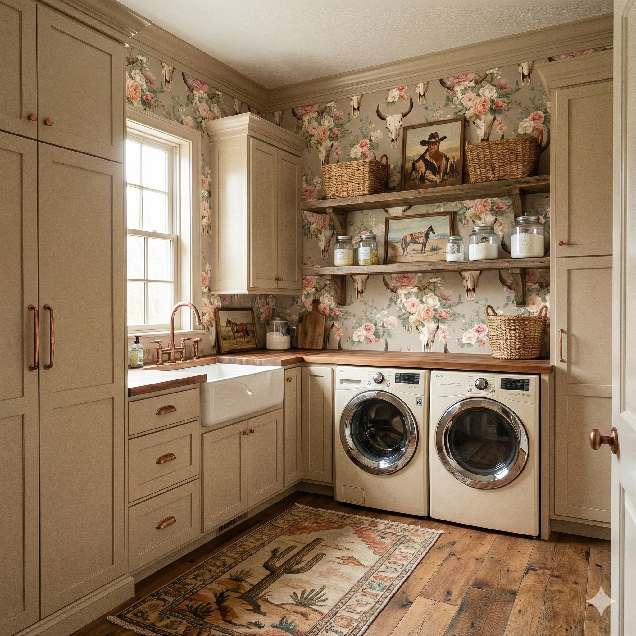 Floral wallpaper with bull skull accents, Rosamont Range Wallpaper featuring vintage botanical patterns.