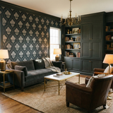 Blackwater Brocade Wallpaper with a damask pattern, seen covering the walls in a styled living room.
