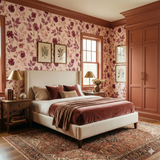Rosemont Ledger Wallpaper with floral pattern over a bedroom scene, with bed and wardrobe details.