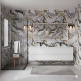 Aurielle Veins wallpaper with gold, gray, and black marble-like pattern.