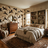 Dog-patterned wallpaper with beige backdrop, Wild Bramble Run Wallpaper, covering an entire bedroom with hardwood floors.