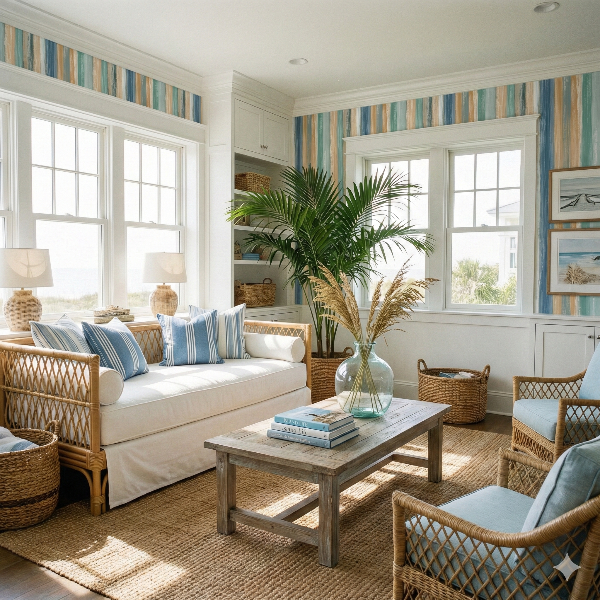 Drifted Strata Wallpaper with vertical stripes of blue, teal, and tan, installed above windows in a well-lit living room.
