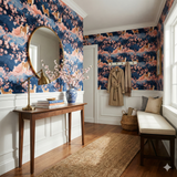 Kyoto Canine Wallpaper with a playful dog and floral pattern on a blue background.
