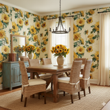 Sunflower pattern wallpaper with green foliage on a neutral textured background.

