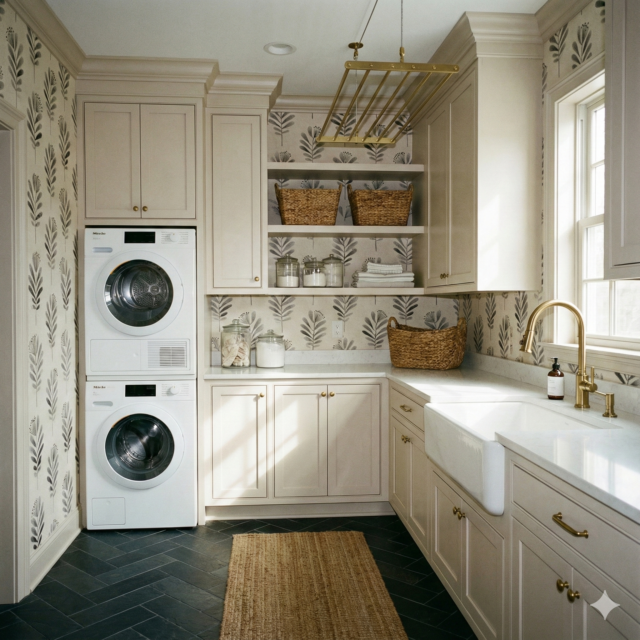 Folia Noir wallpaper featuring a black and white floral pattern on a neutral background.
