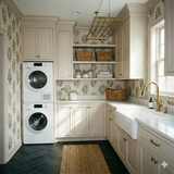 Folia Noir wallpaper featuring a black and white floral pattern on a neutral background.
