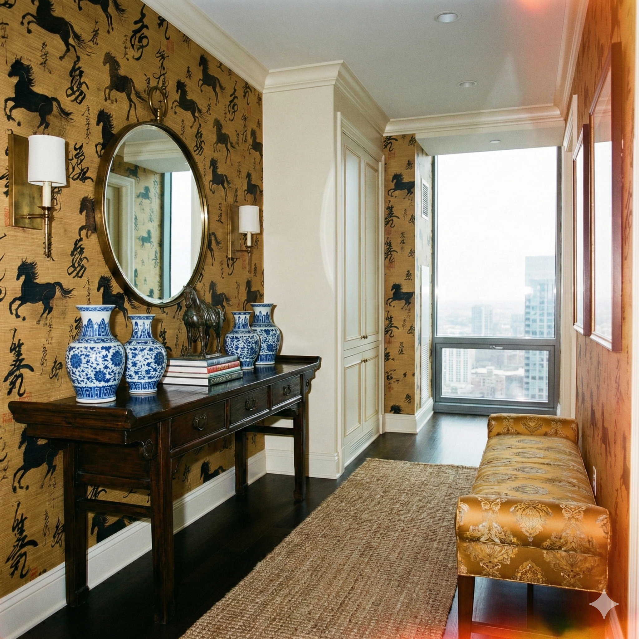 Han Dynasty Equus Wallpaper with horse pattern and Chinese characters, on a golden textured background.
