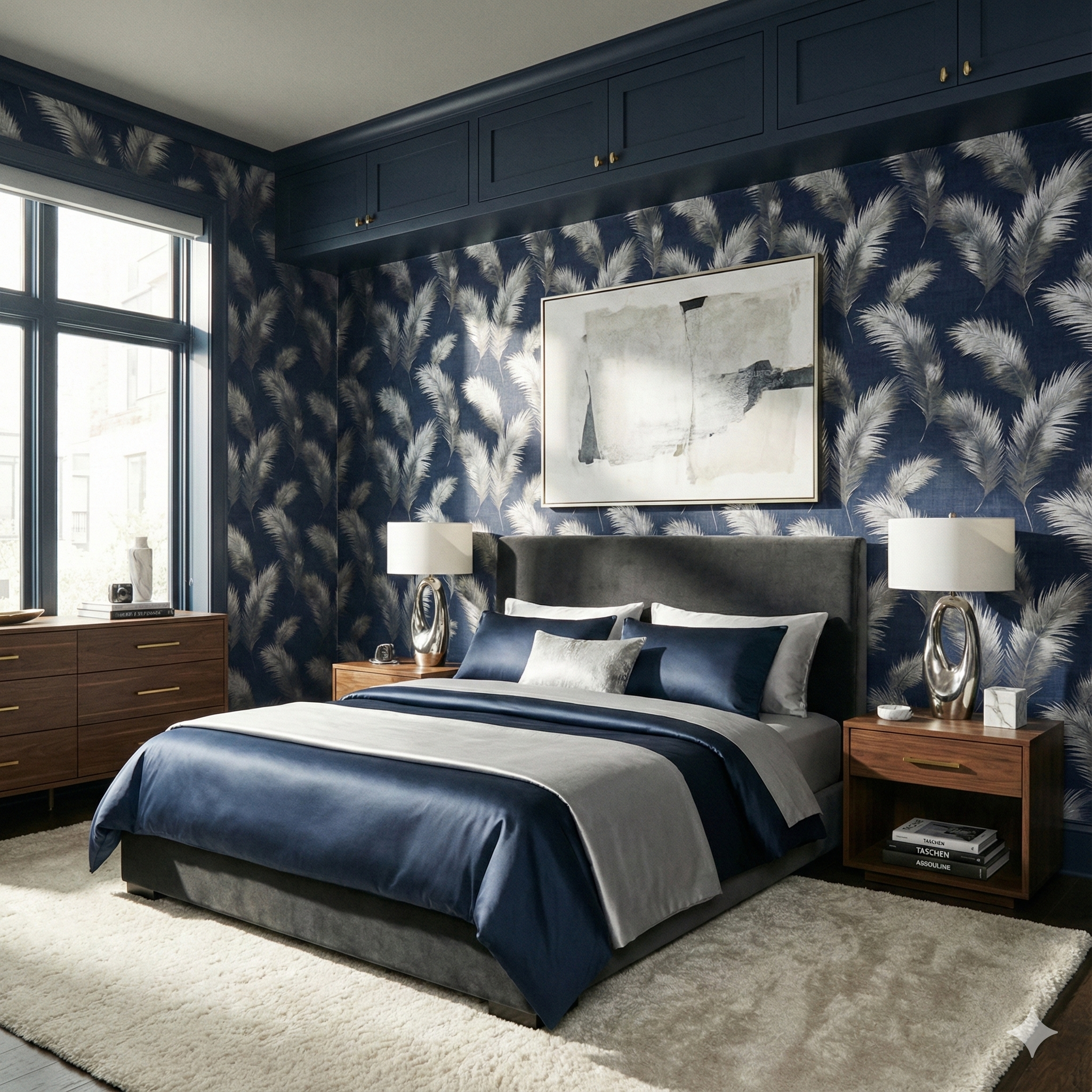 Navy and silver Nightingate Plume Wallpaper with feather pattern, covering an elegant bedroom wall.