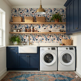 Terrazzo Riviera wallpaper with blue, pink, and gray geometric shapes, unbranded, in a laundry room setting.