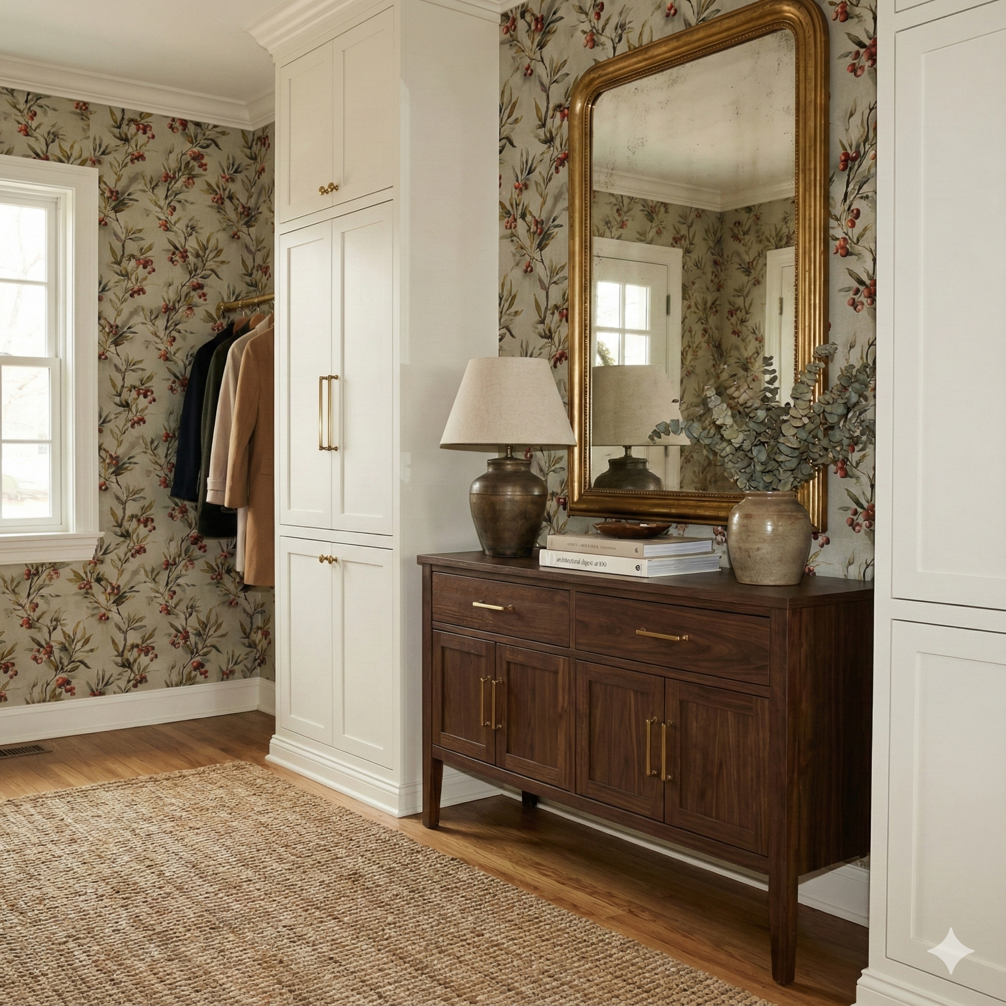 Hearthberry Wreathstone Wallpaper with floral and berry pattern, seen on the wall behind a wooden cabinet and mirror.
