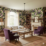 Patterned Widow’s Vineyard Wallpaper with grape design by York Wallcoverings covering the walls of an interior room.

