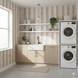 Greige meridian wallpaper with vertical stripes, covering the wall in a laundry room setting.