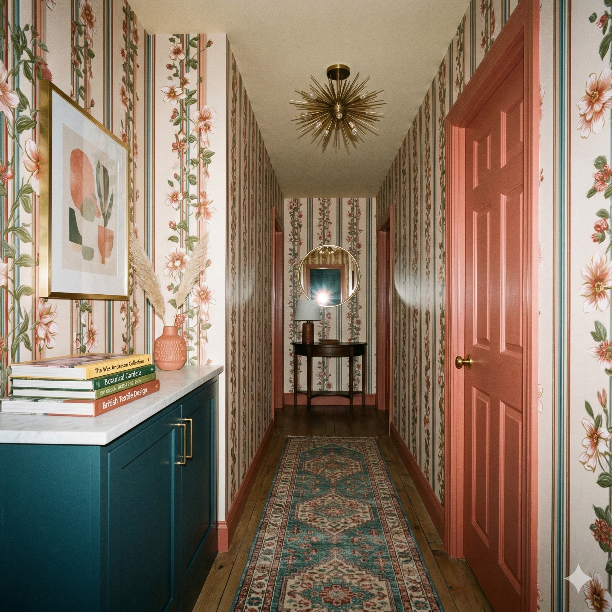 Floral dahlia regency wallpaper with stripe pattern, from York Wallcoverings, in a hallway with teal rug and salmon colored door.