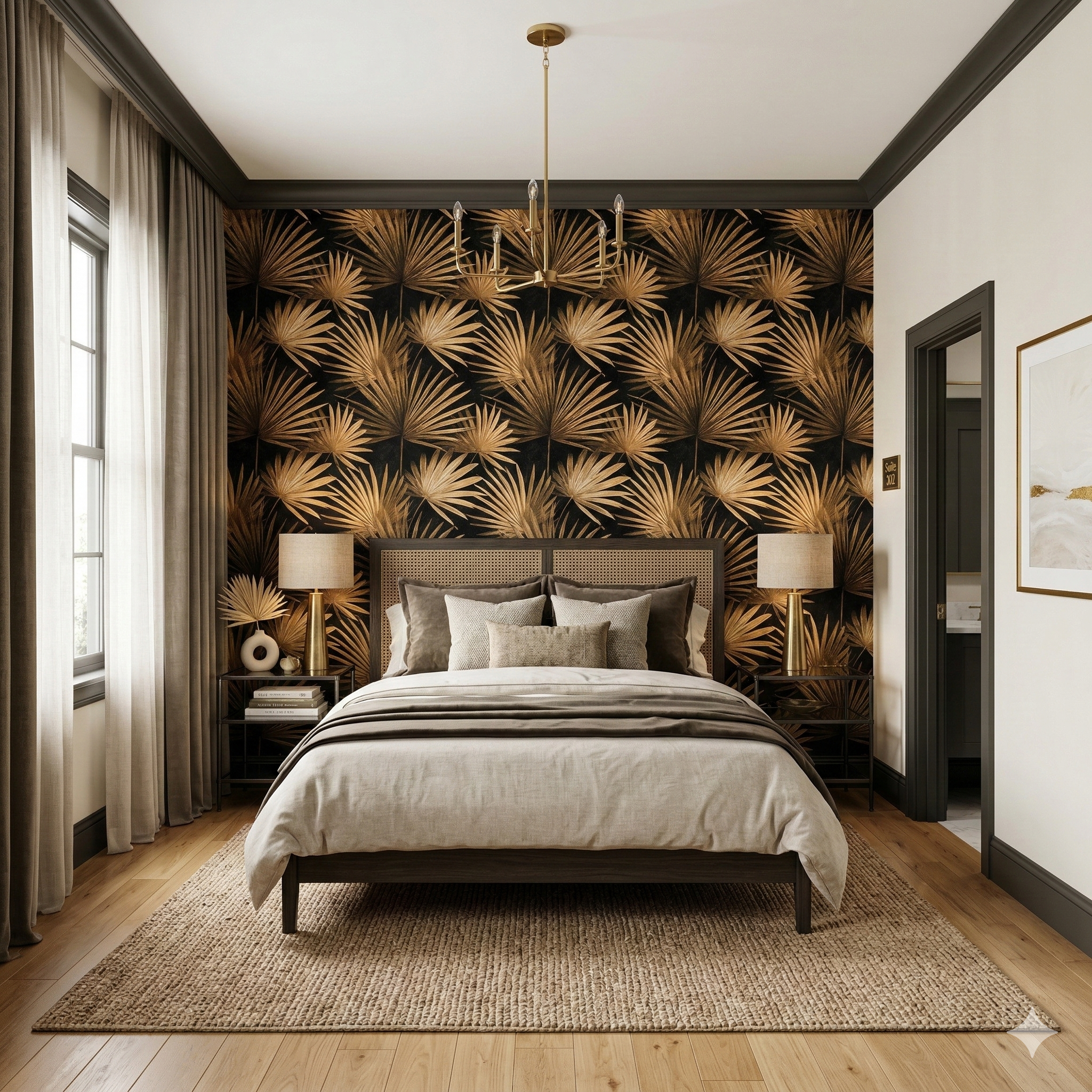Sirocco Palm Wallpaper with gold palm leaf pattern on a black background.
