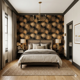 Sirocco Palm Wallpaper with gold palm leaf pattern on a black background.
