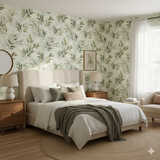 Olive Glade Wallpaper with a green leaf pattern, creating a natural and calming bedroom setting.