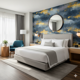 Twilight Meridian Wallpaper with a painterly gold and blue design, displayed on a bedroom wall.
