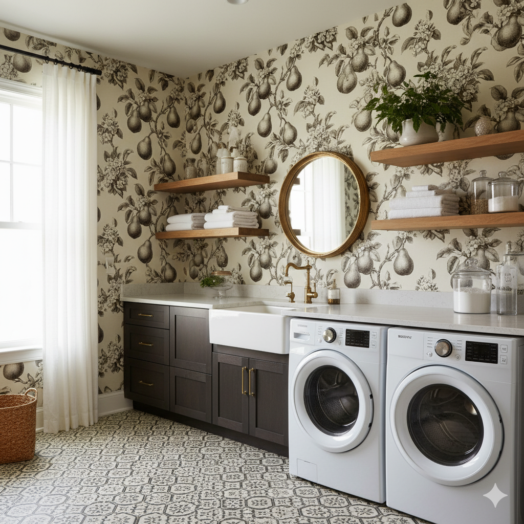 Botanical wallpaper with a pear pattern and floral accents on a light neutral background.