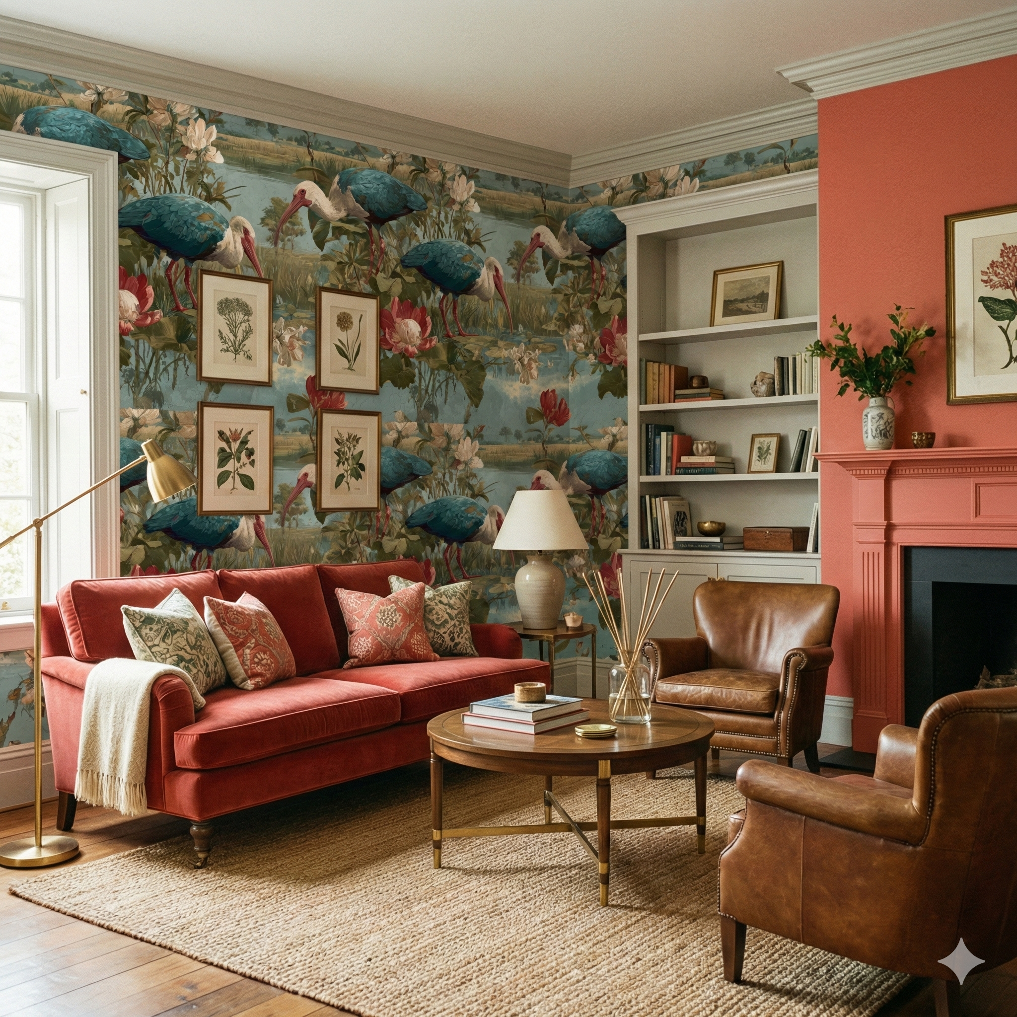Botanical print wallpaper with cranes, from Lowcountry Reverie, in a traditional interior setting.
