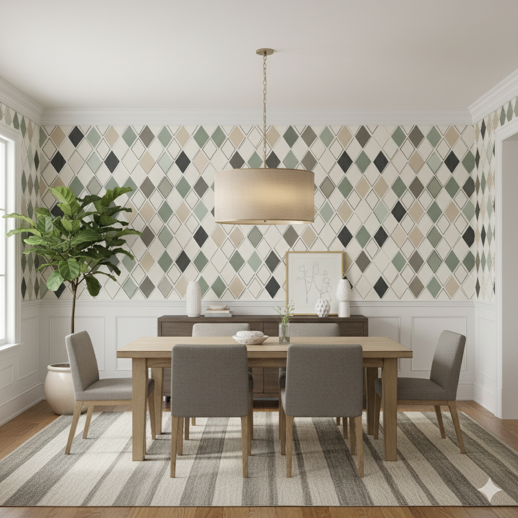 Paragon Tile Wallpaper with diamond pattern in neutral and gray shades covering the wall.