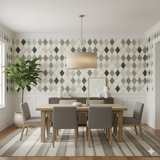 Paragon Tile Wallpaper with diamond pattern in neutral and gray shades covering the wall.