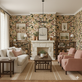 Floral wallpaper with a blossoming orchard design, featuring pink and green tones with a vintage style.

