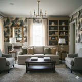 Glenhaven Fold Wallpaper with a dog pattern, covering the walls of a living room with beige sofa and gray armchairs.