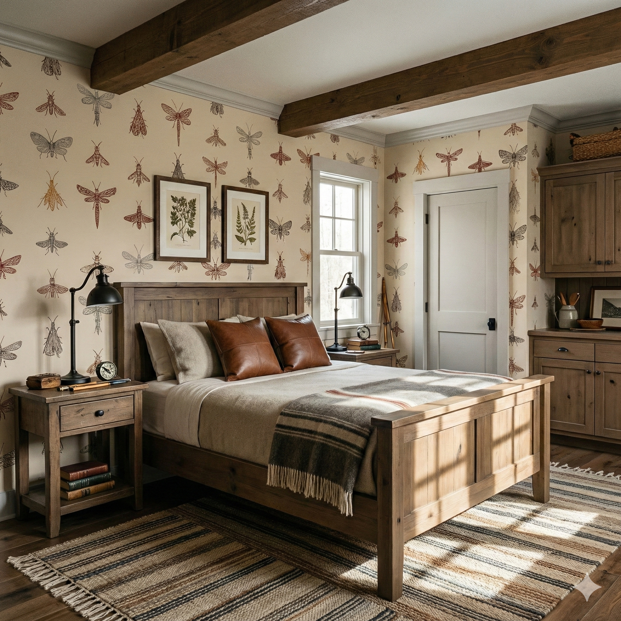 Fieldwarden Insects Wallpaper with insect pattern on a cream-colored background covering a bedroom wall.