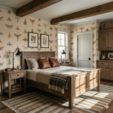 Fieldwarden Insects Wallpaper with insect pattern on a cream-colored background covering a bedroom wall.