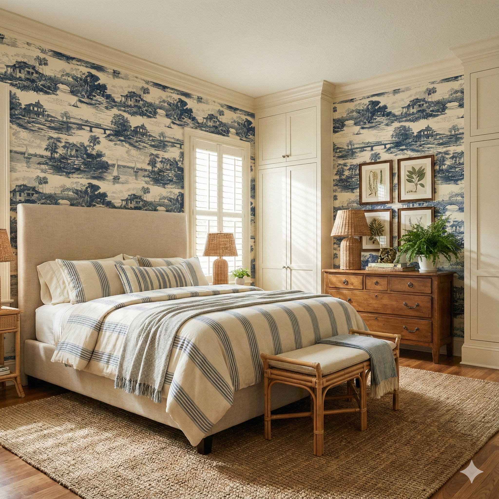 St. Johns River Ledger Wallpaper with blue toile pattern and a detailed scene of houses, bridges, and boats.
