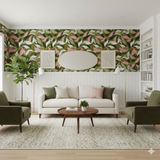 Verdant Muse Wallpaper with abstract leaf pattern in green, pink, and white.