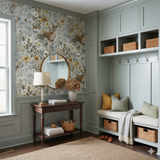 Fawnlight Meadow Wallpaper with floral and deer pattern, on the wall of a mudroom interior setting.