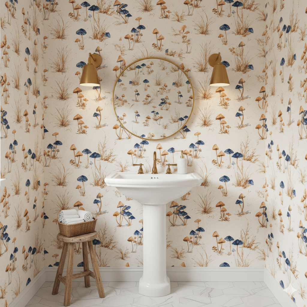 Indigo Mycelia wallpaper with mushroom pattern, textured finish, in a styled bathroom setting.