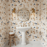 Indigo Mycelia wallpaper with mushroom pattern, textured finish, in a styled bathroom setting.