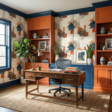 Patterned Saltfire Grove Wallpaper with abstract shapes, from Saltfire, decorating a home office space.