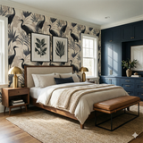 Shadowmere Palms Wallpaper with cranes and leaves pattern.
