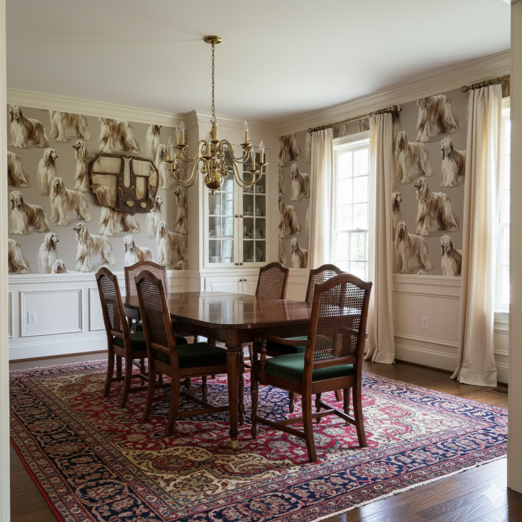 Marlow Hound Wallpaper featuring dogs by an unknown brand on a beige background in a dining room setting.