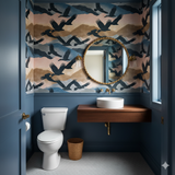 Condor’s Rest wallpaper with a bird and mountain pattern, covering the upper walls above blue wainscoting.
