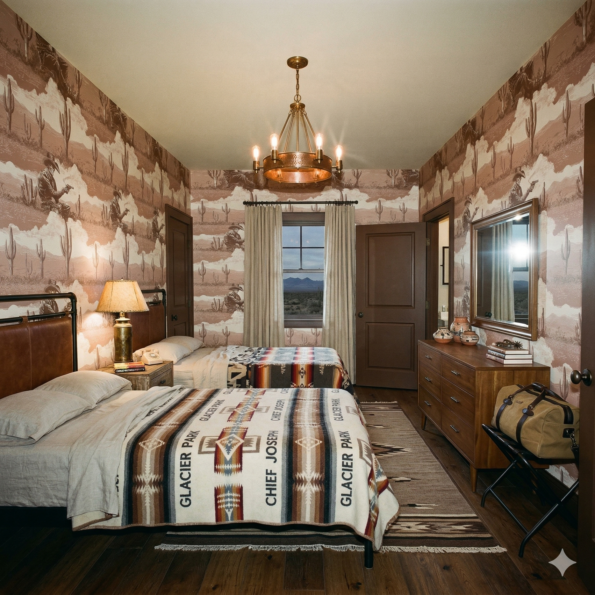 Sepia outlaw vista wallpaper featuring cactus and cowboy patterns on a neutral backdrop.
