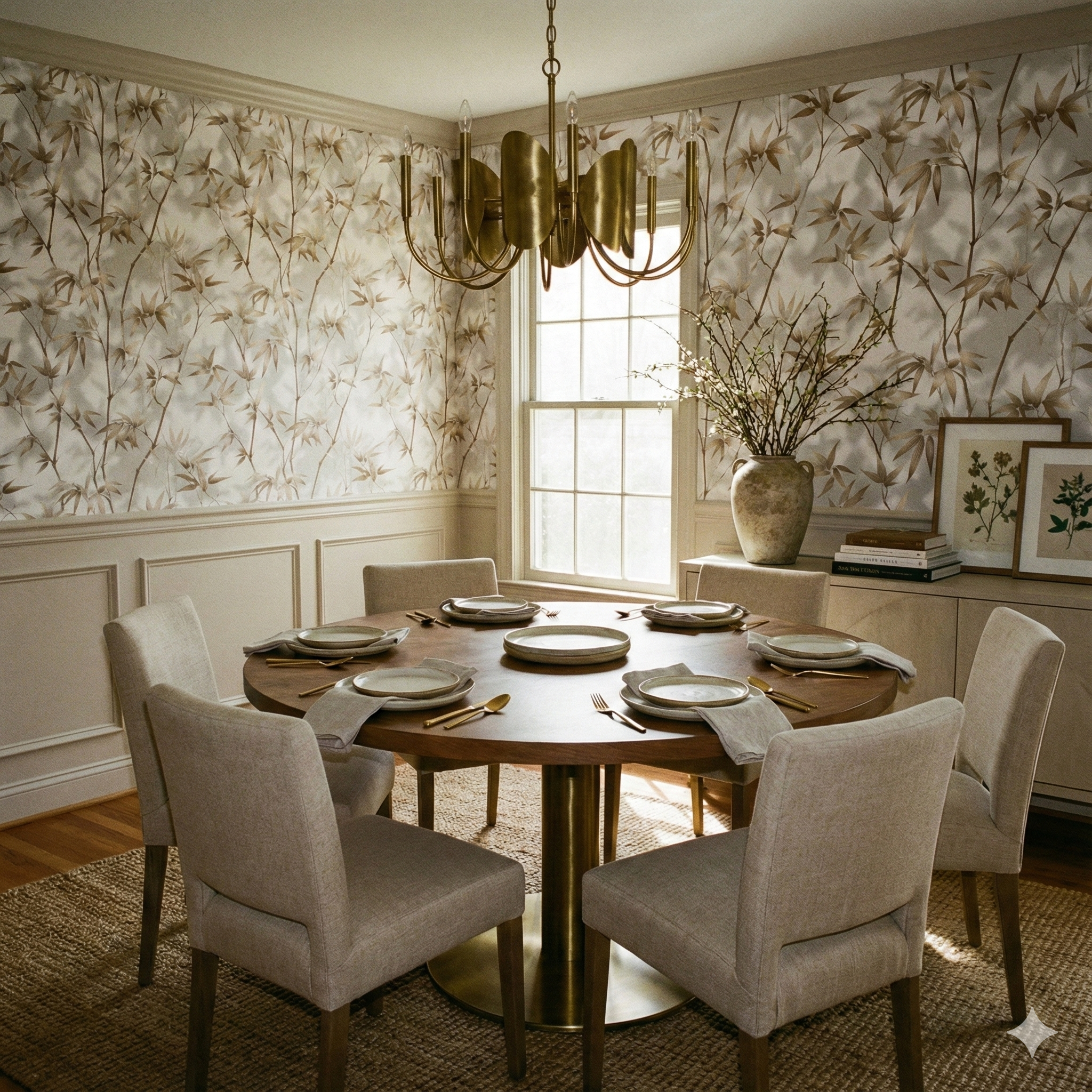 Sable Meridian Wallpaper with a tree branch pattern covering the dining room walls.