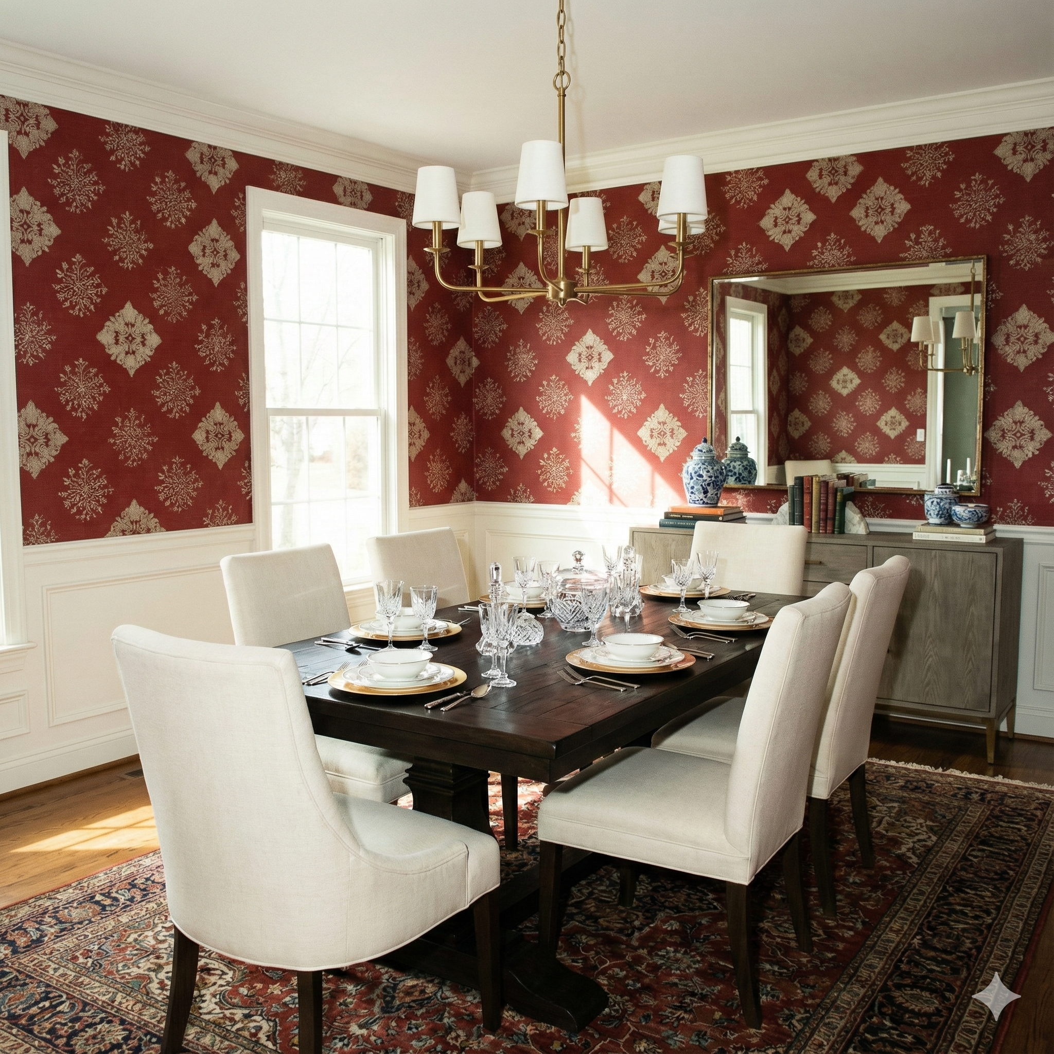 Red and beige patterned wallpaper with a medallion design.