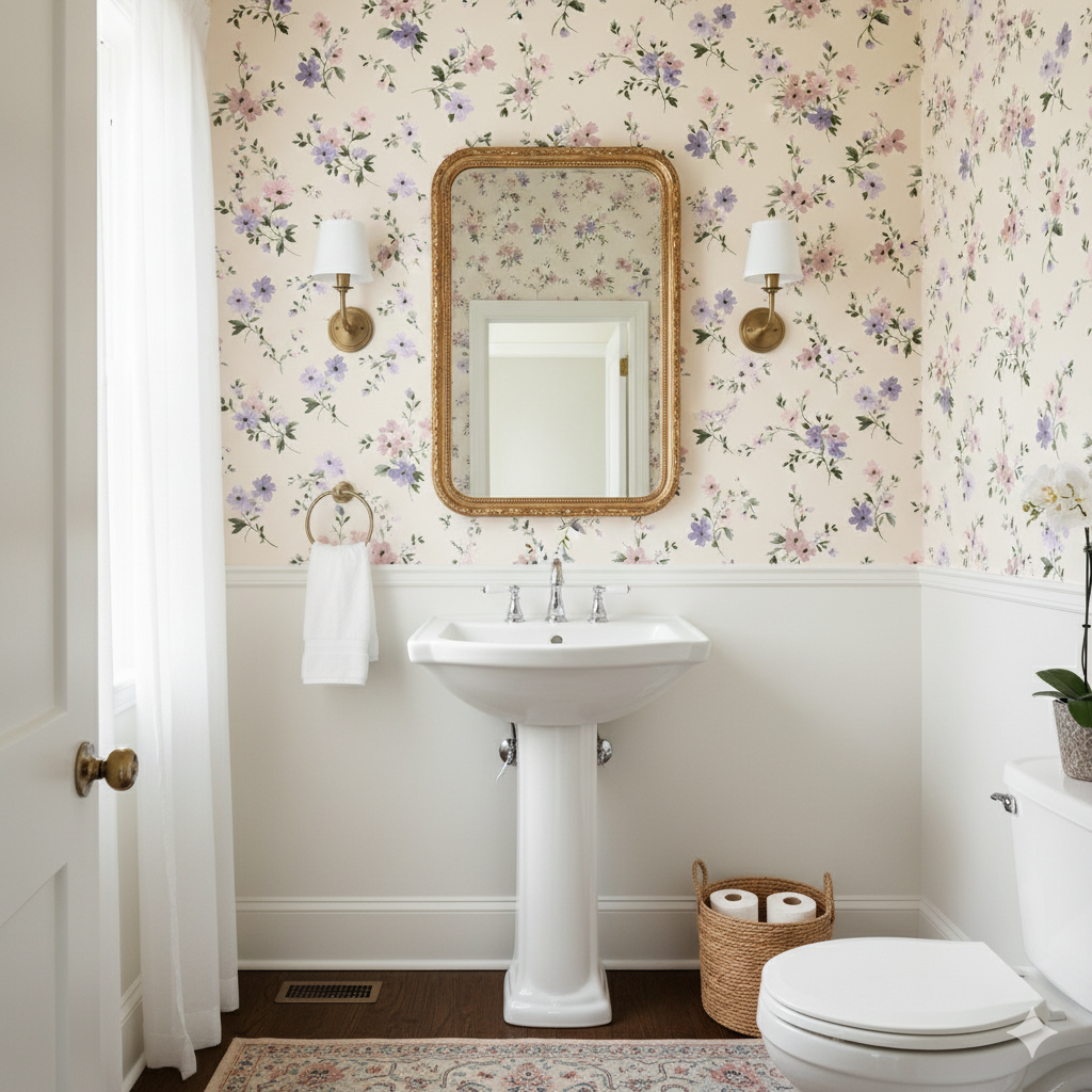 Floral Briar Lane Wallpaper with lilac and pink flowers on cream background.