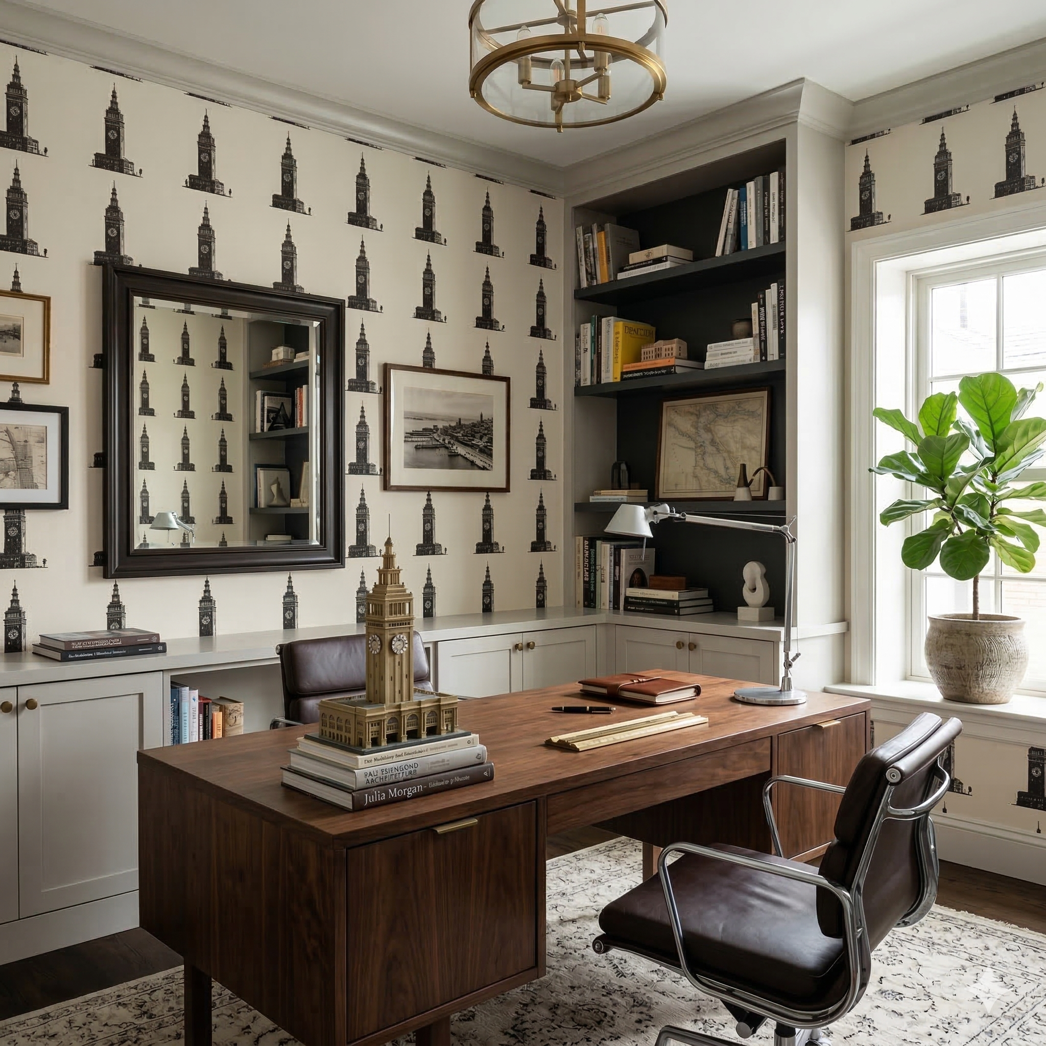 Horologe Row wallpaper with a tower pattern, displayed on a light wall in a home office setting.