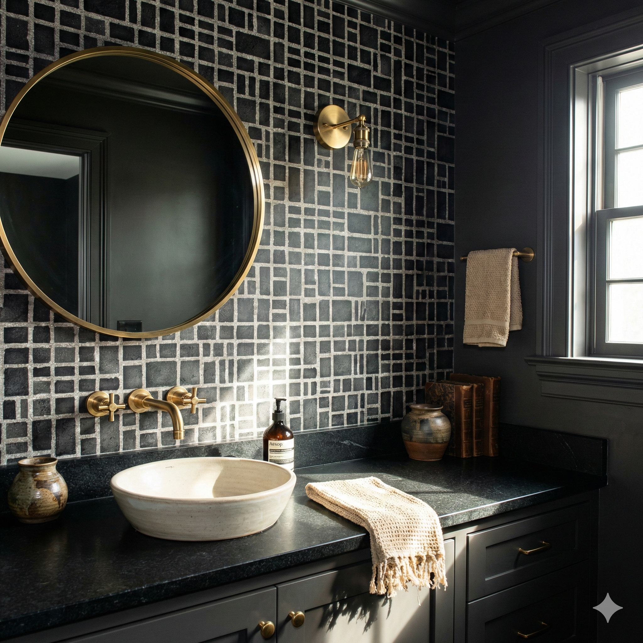 Black gridstone vault wallpaper featuring geometric pattern against dark bathroom wall.