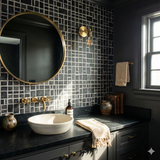 Black gridstone vault wallpaper featuring geometric pattern against dark bathroom wall.