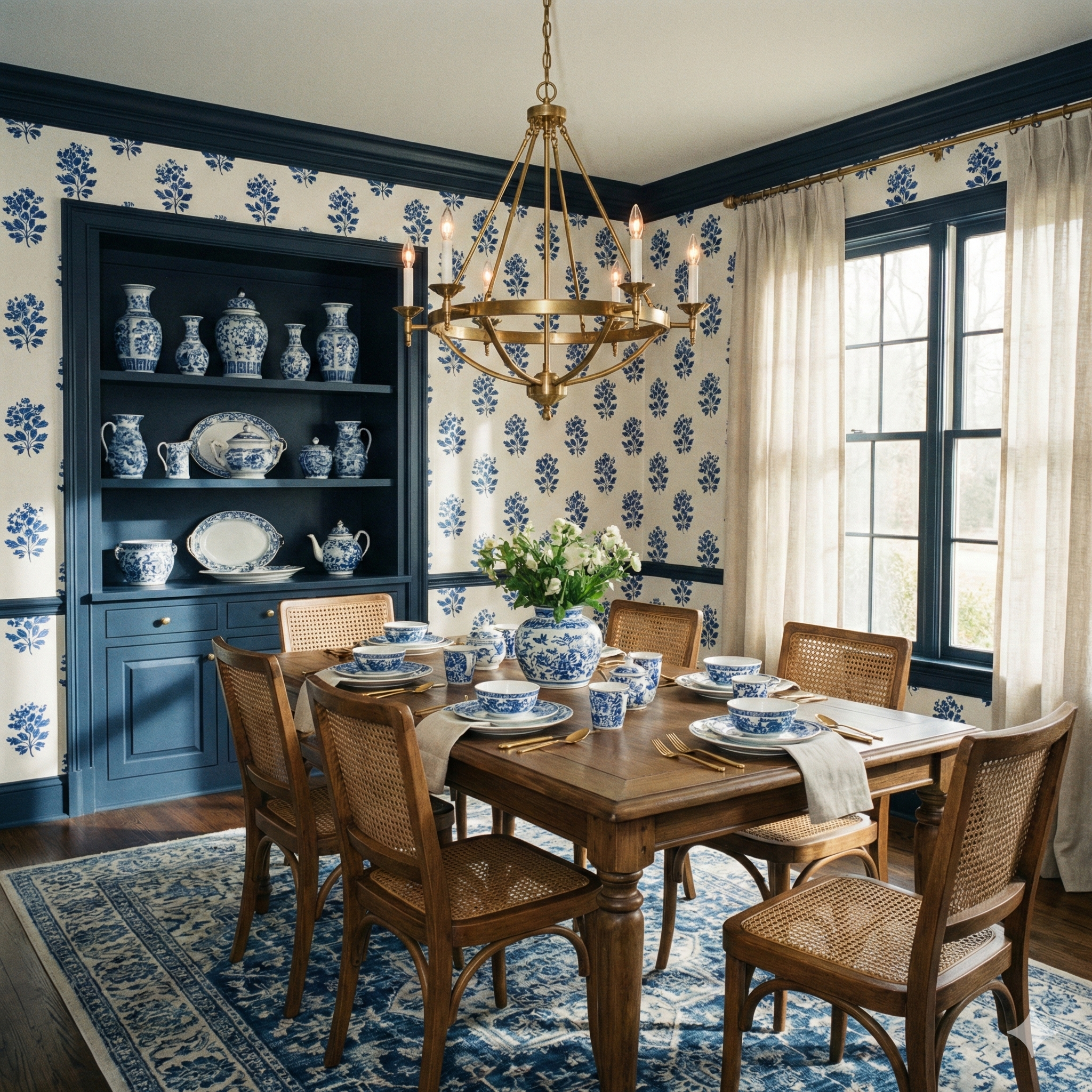 Floral wallpaper with cobalt herbarium print pattern, covering dining room walls.